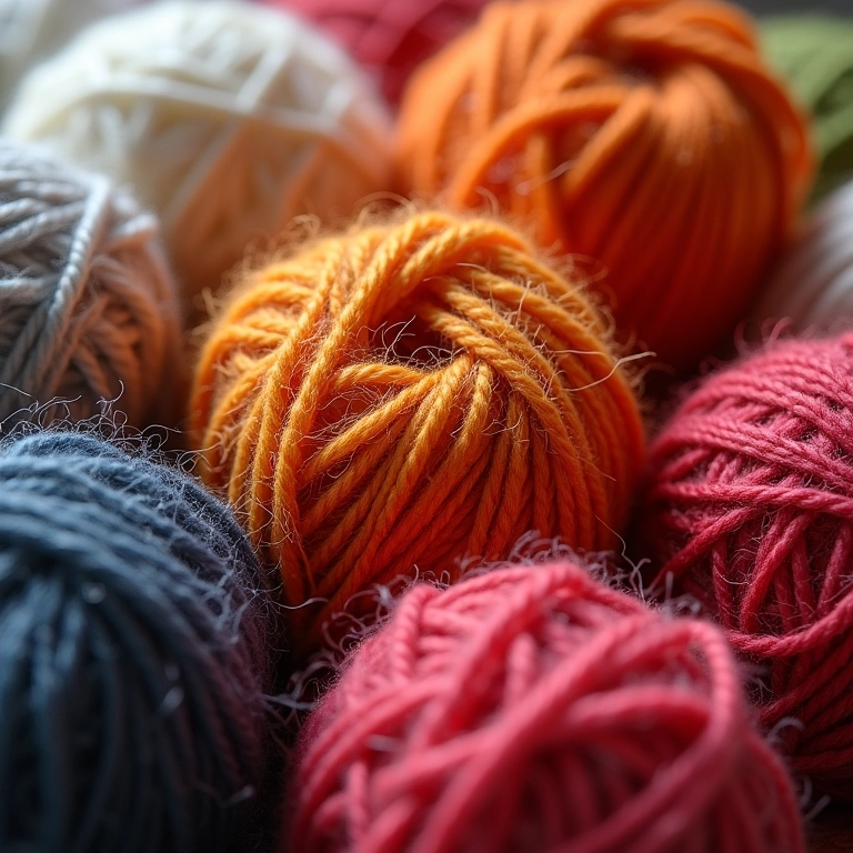 Variedade de fios para tricô: lã, algodão, acrílico.