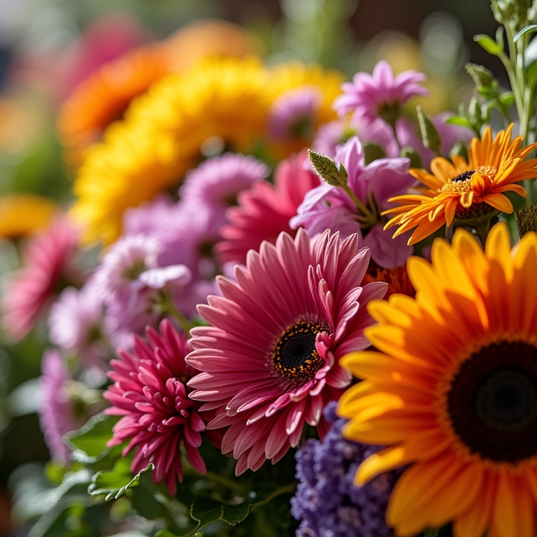 Variedade de flores coloridas para arranjos, com texturas e cores vibrantes.
