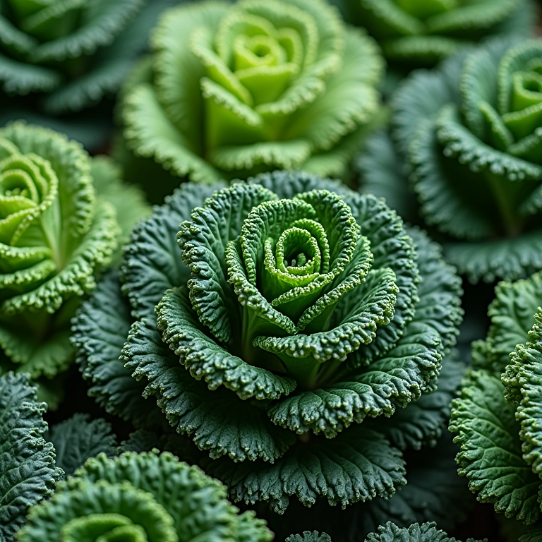 Variedade de folhas de couve com diferentes texturas e cores.
