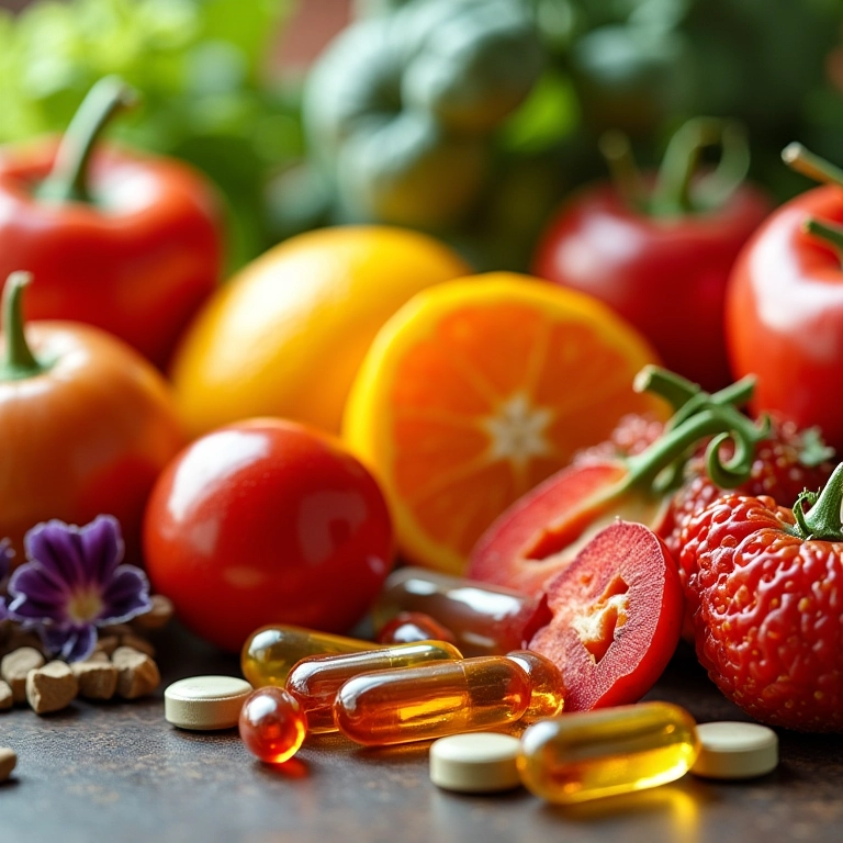 Variedade de frutas, vegetais e suplementos representando vitaminas e minerais.