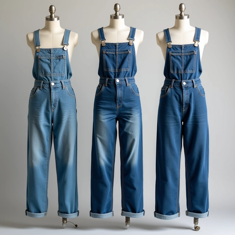 Variedade de lavagens de jardineira jeans.