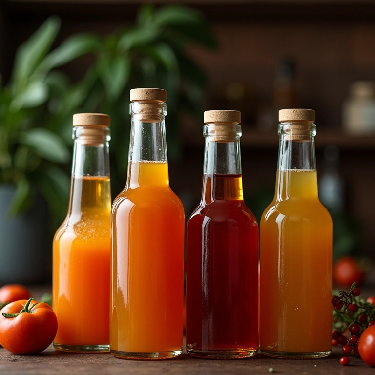 Variedade de licores caseiros em garrafas de vidro numa cozinha rústica e colorida.