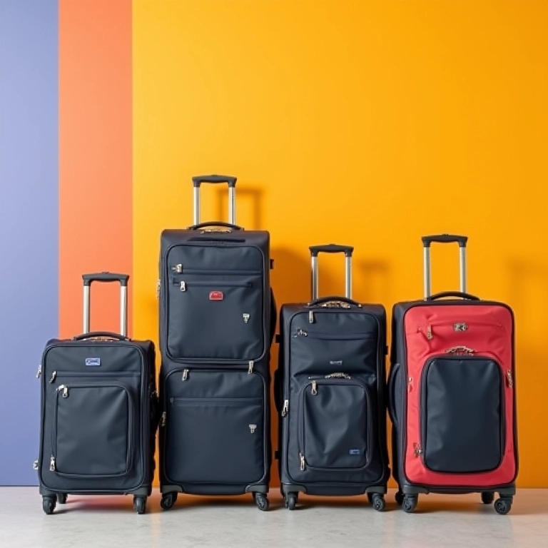 Variedade de malas de mão: rígidas, flexíveis e sacolas de viagem.