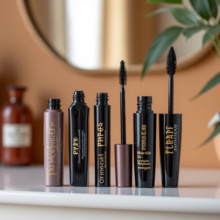 Variedade de máscaras de cílios expostas em penteadeira colorida com estilo brasileiro.