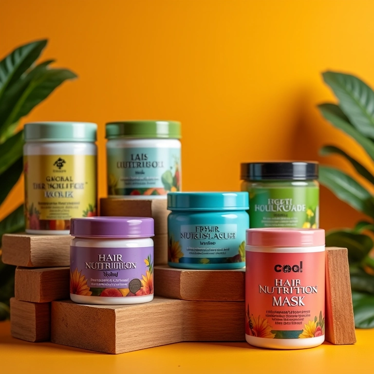 Variedade de máscaras de nutrição capilar em potes coloridos.