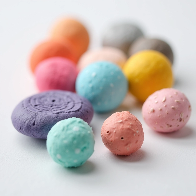 Variedade de massas de biscuit com diferentes texturas e cores.