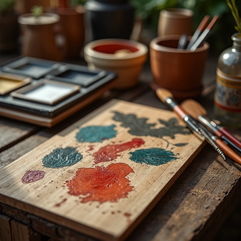 Variedade de materiais essenciais para a pintura Bauernmalerei dispostos em uma mesa rústica.
