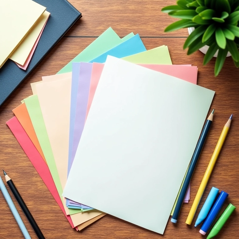 Variedade de papéis e canetas de caligrafia dispostos em mesa de madeira.