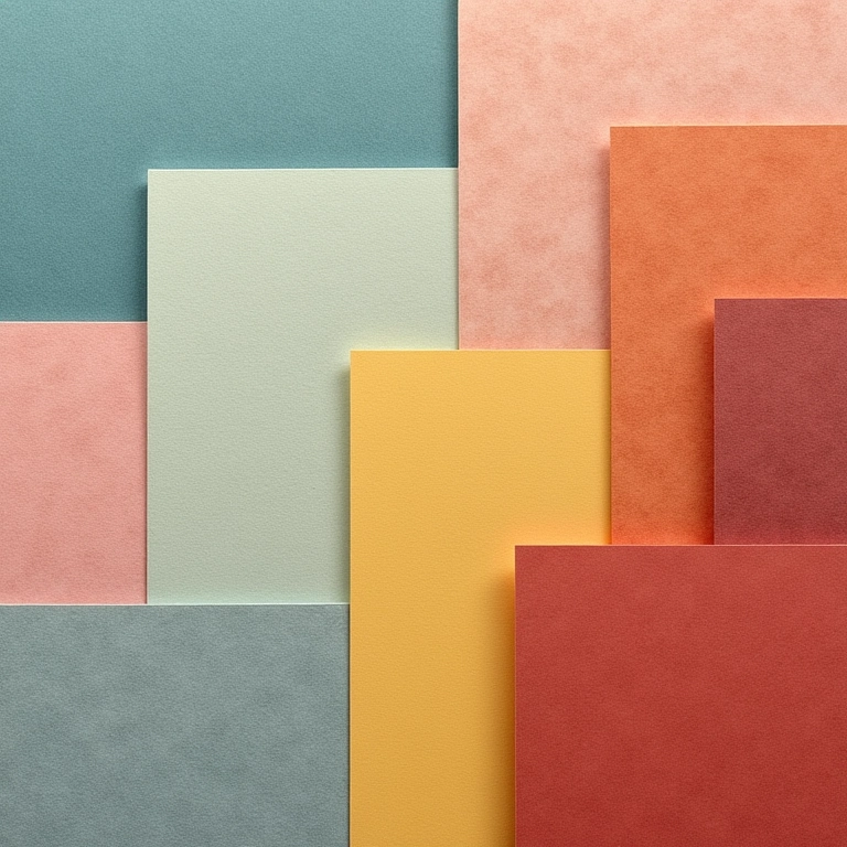 Variedade de papéis texturizados e coloridos para encadernação artesanal.