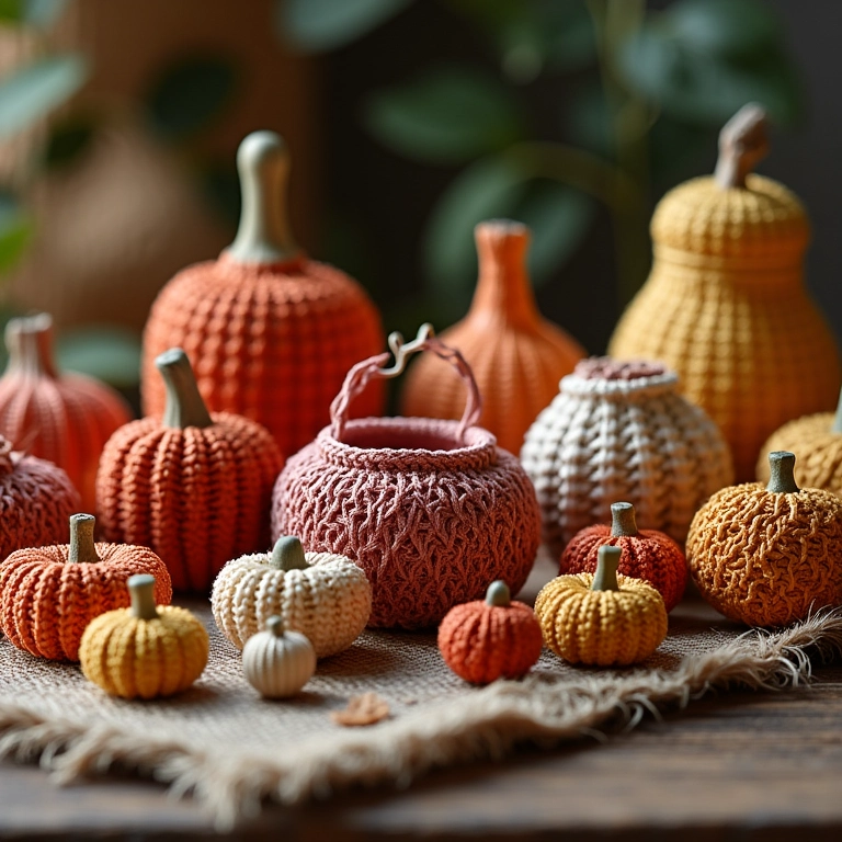 Variedade de peças de crochê endurecido, incluindo cestas, esculturas e bijuterias, em uma mesa rústica.