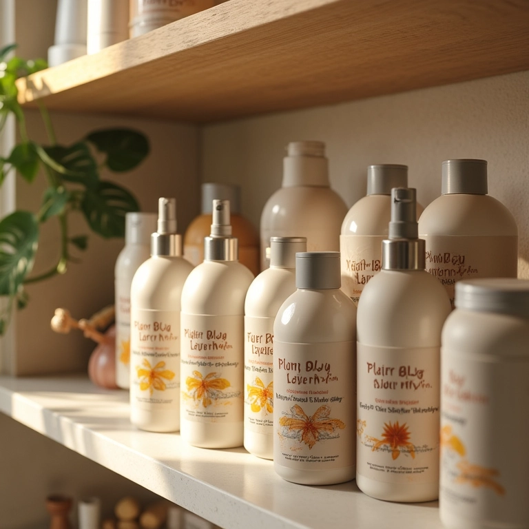 Variedade de produtos adequados para cabelos crespos em uma prateleira.