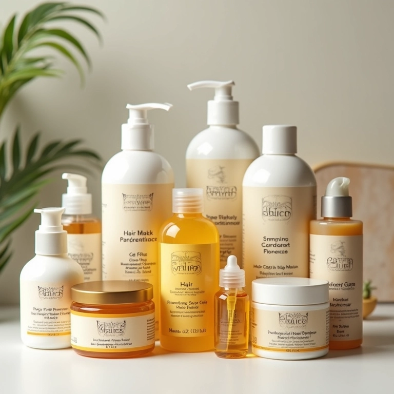 Variedade de produtos para cabelo (máscaras, óleos, condicionadores) organizados por categoria.