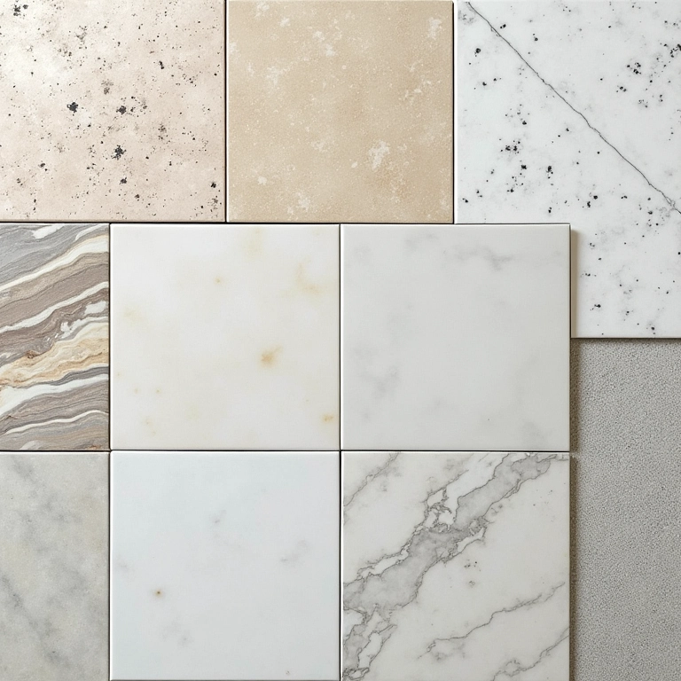 Variedade de revestimentos para cozinha: cerâmica, porcelanato e vidro.