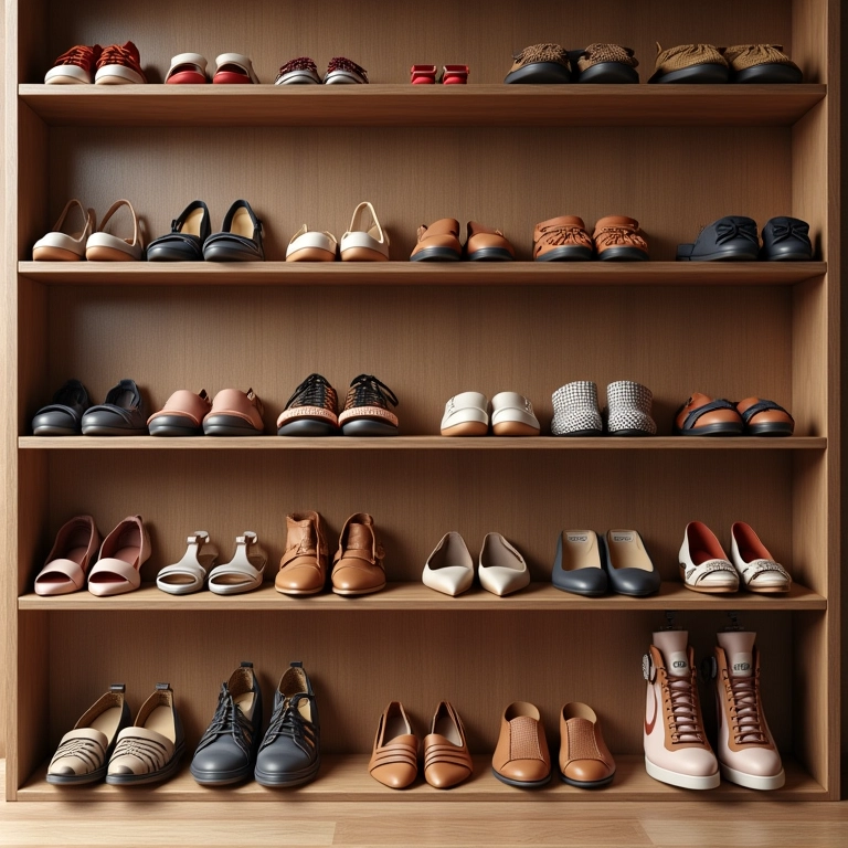 Variedade de sapatos estilosos em prateleiras de madeira.