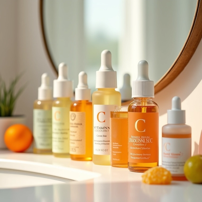 Variedade de séruns de Vitamina C com diferentes tipos.