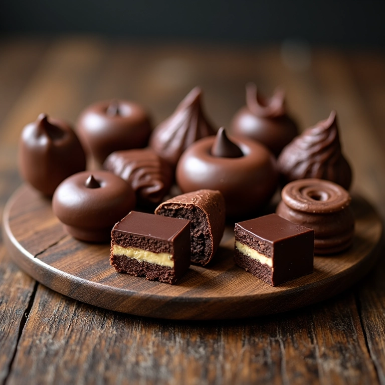 Variedade de sobremesas de chocolate em mesa rústica.