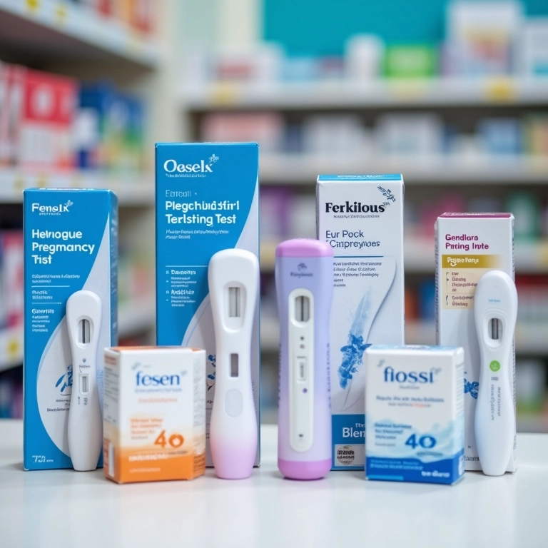 Variedade de testes de gravidez de farmácia em prateleira.