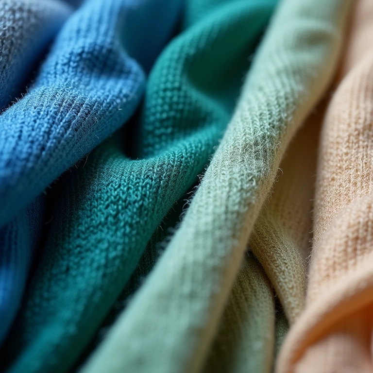 Variedade de texturas e cores de fios de malha em tons de azul, verde e bege.