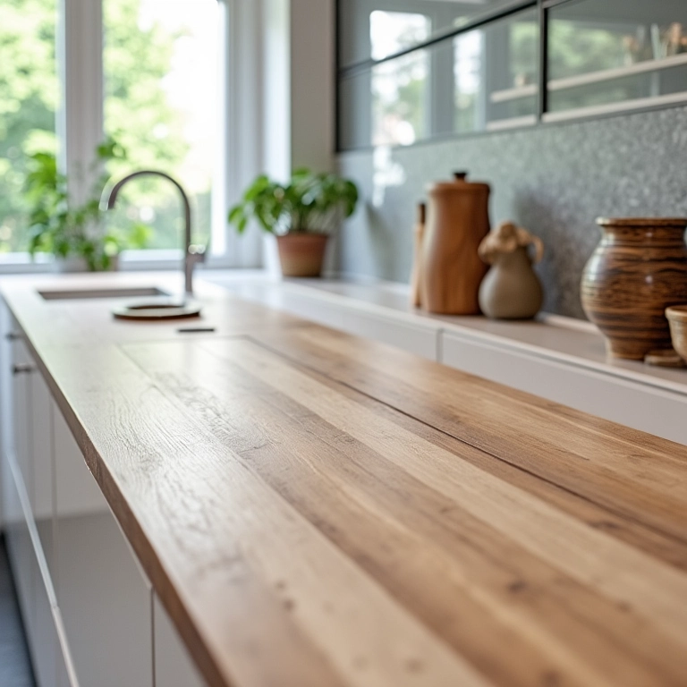 Variedade de tipos de madeira para bancadas de cozinha.