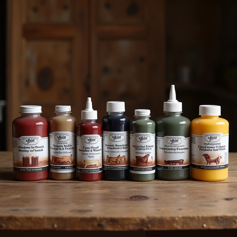 Variedade de vernizes para artesanato em madeira em mesa rústica.