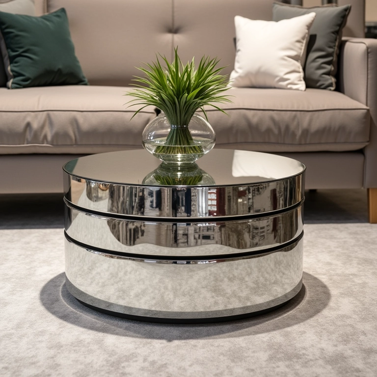 Vários tamanhos de mesas espelhadas em loja de móveis mostrando equilíbrio e proporção.