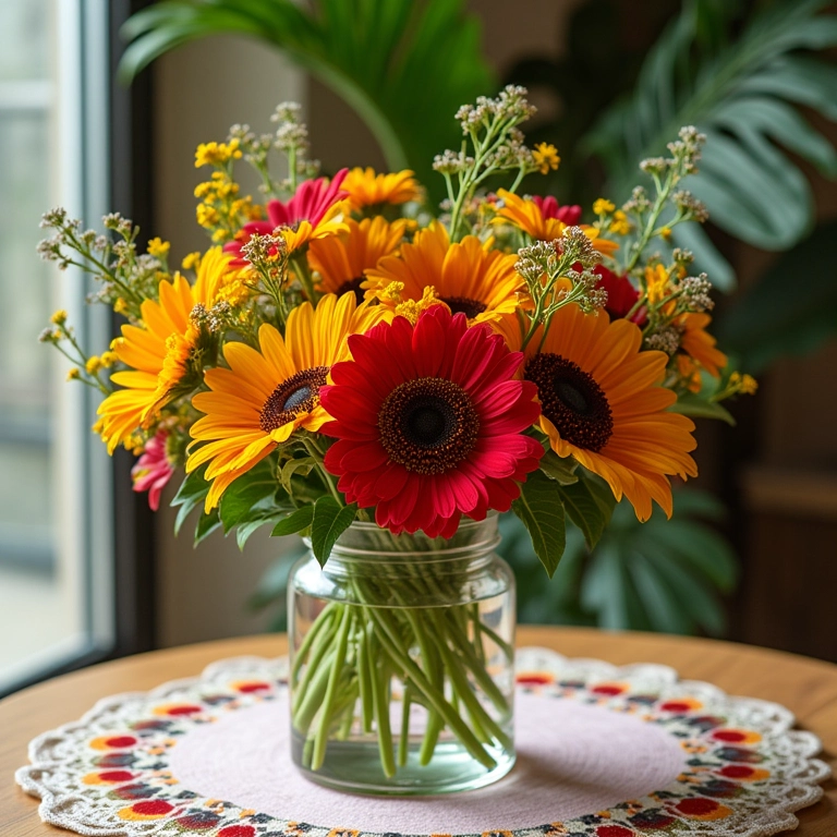 Vaso com flores do campo decorando mesa de Festa Junina.
