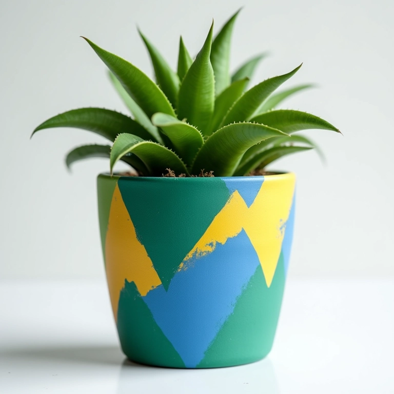 Vaso com pintura geométrica em tons de azul, verde e amarelo.