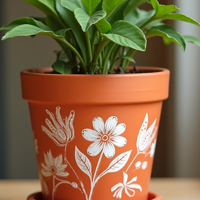 Vaso de barro com desenhos florais à mão livre em branco.
