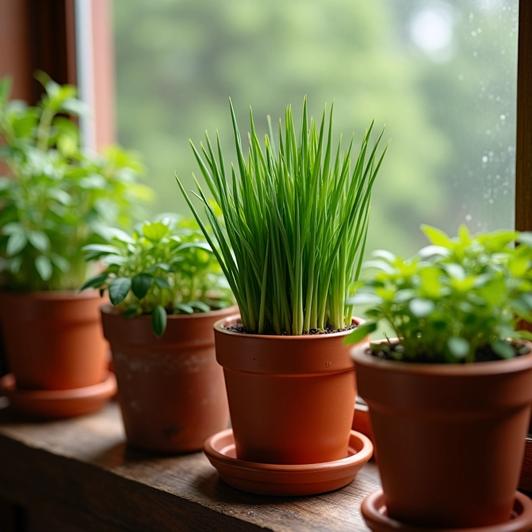 Vaso de cerâmica ideal para plantar cebolinha em varanda ensolarada.