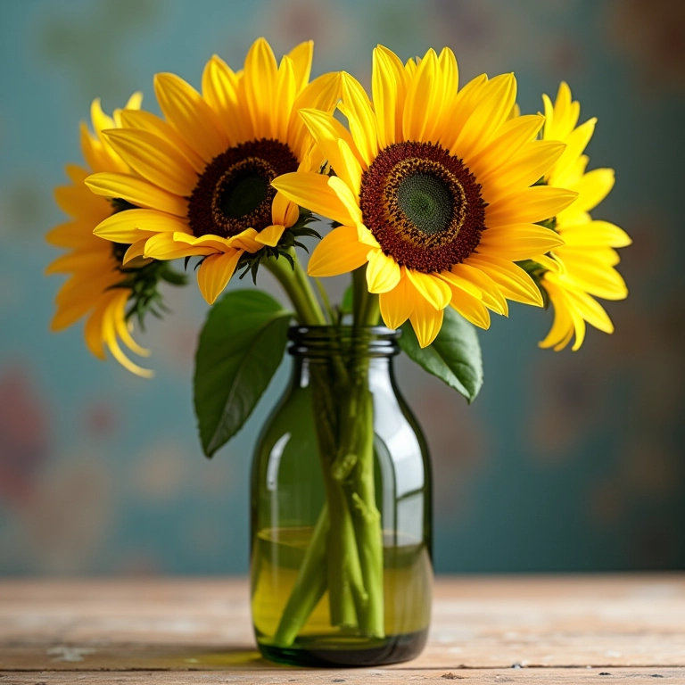 Vaso de flores colorido feito com garrafa de vidro reciclada e girassóis.