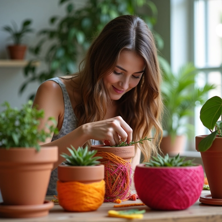 Vaso de planta de terracota decorado com barbante colorido.