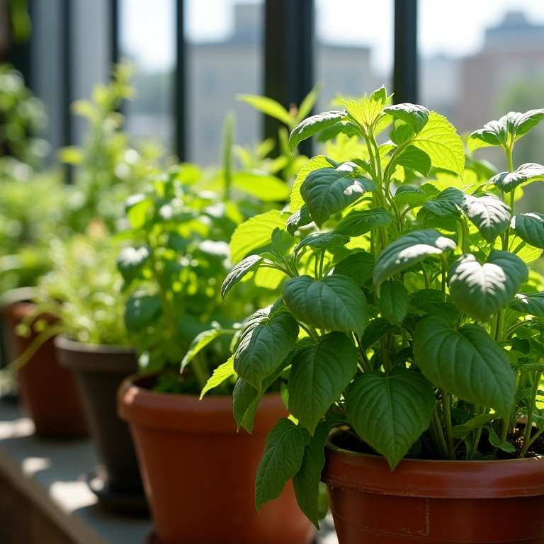Vasos com ervas aromáticas (hortelã, manjericão, orégano) em varanda ensolarada.