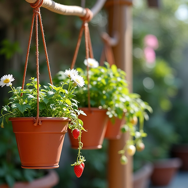 Vasos de cerâmica pendurados com ervas floridas e morangos em cascata em um pátio estilo brasileiro.