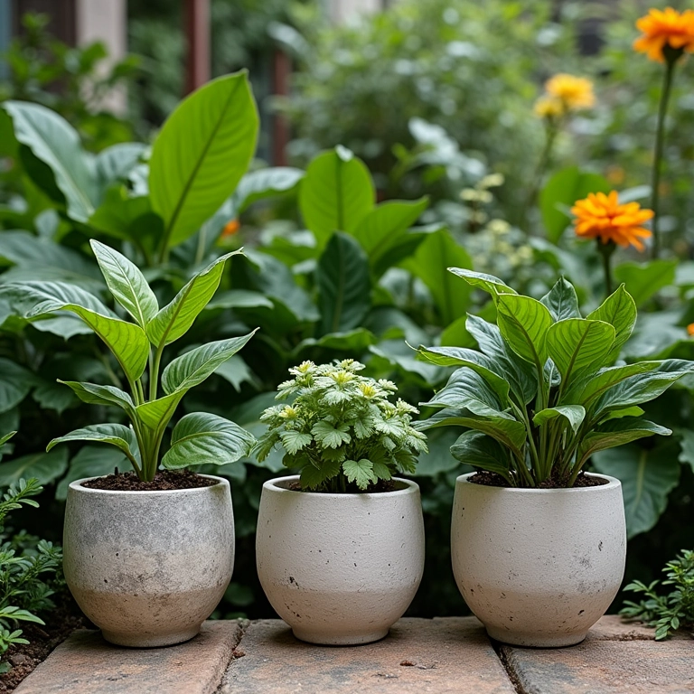 Vasos de concreto customizados com pintura vibrante em um jardim.