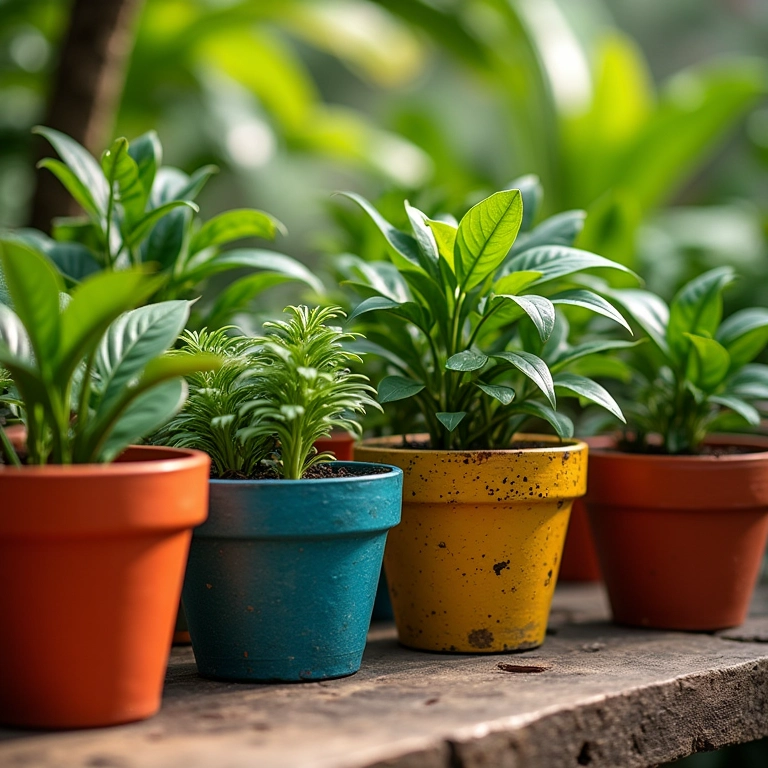 Vasos de plantas coloridos e pintados em um jardim exuberante.