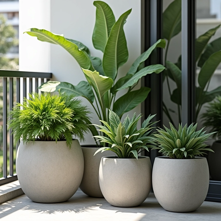Vasos de plantas de cimento modernos em uma varanda estilosa.