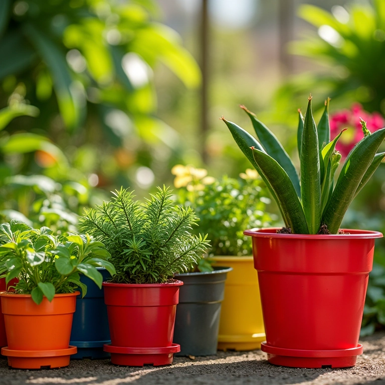 Vasos de plantas de plástico coloridos em um jardim ensolarado.