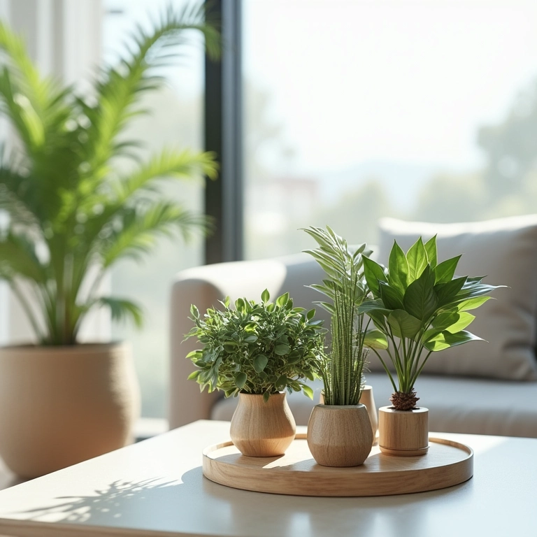 Vasos de plantas de vidro elegantes em uma mesa de centro.