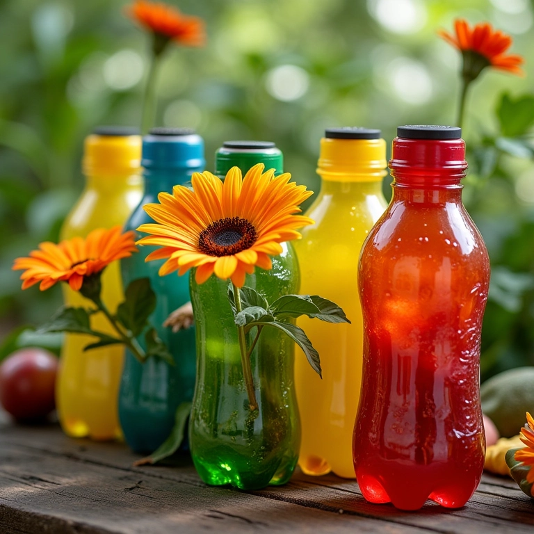 Vasos de plantas feitos com garrafas PET recicladas, flores vibrantes.