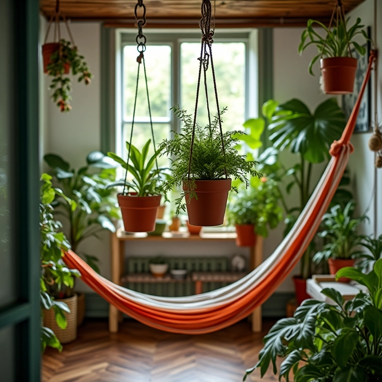 Vasos de plantas suspensos em uma varanda aconchegante com rede.