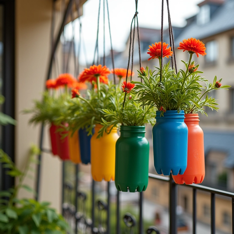 Vasos de plantas suspensos feitos de garrafas PET coloridas.