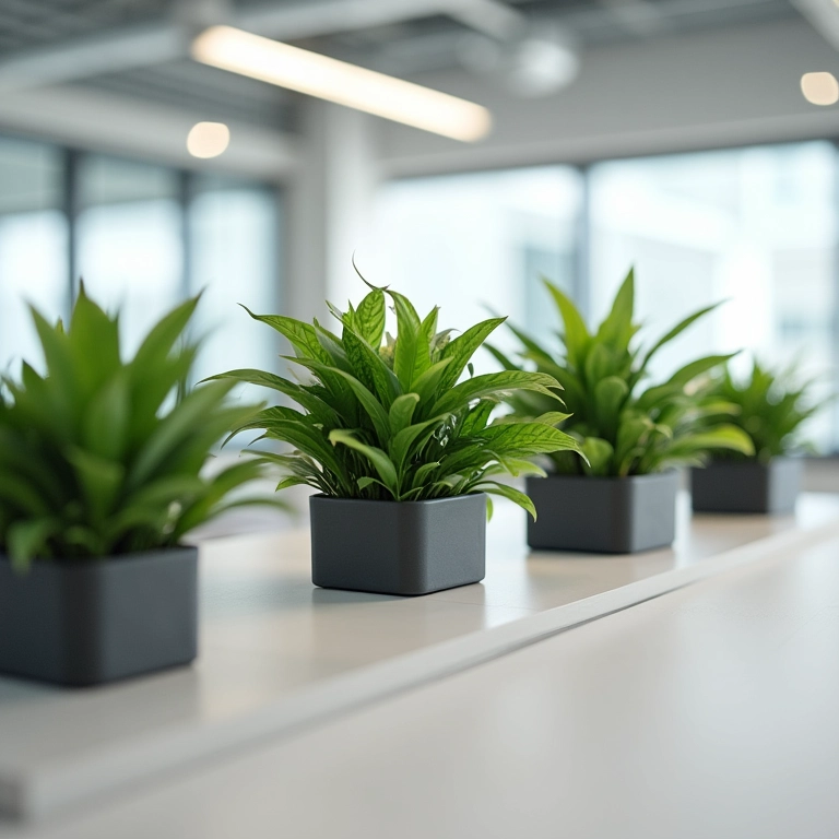 Vasos de plantas usados como divisórias em um escritório moderno.