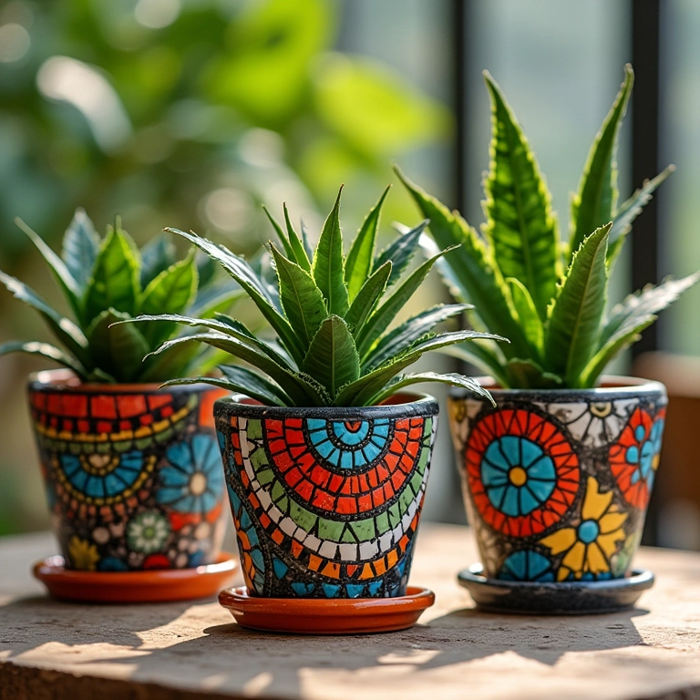 Vasos decorados com mosaicos coloridos e vibrantes.