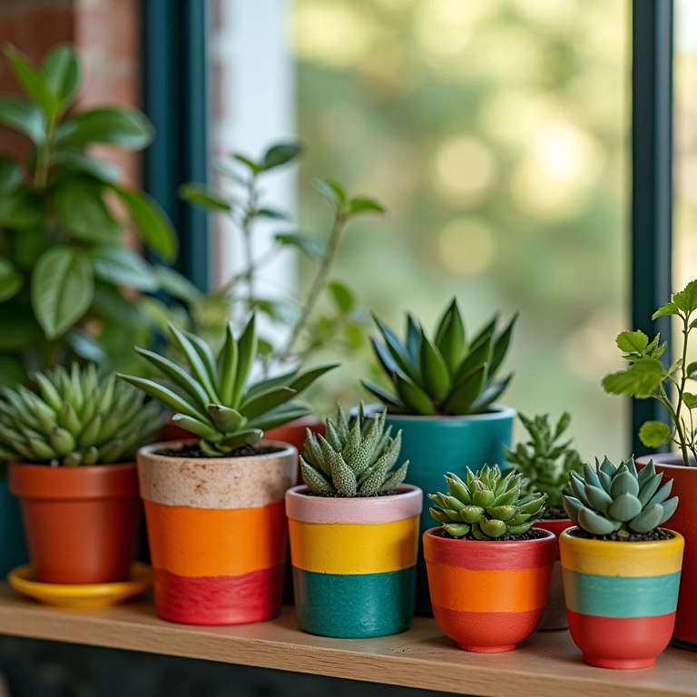 Vasos decorativos coloridos dispostos em uma prateleira, exibindo suculentas e plantas pequenas.
