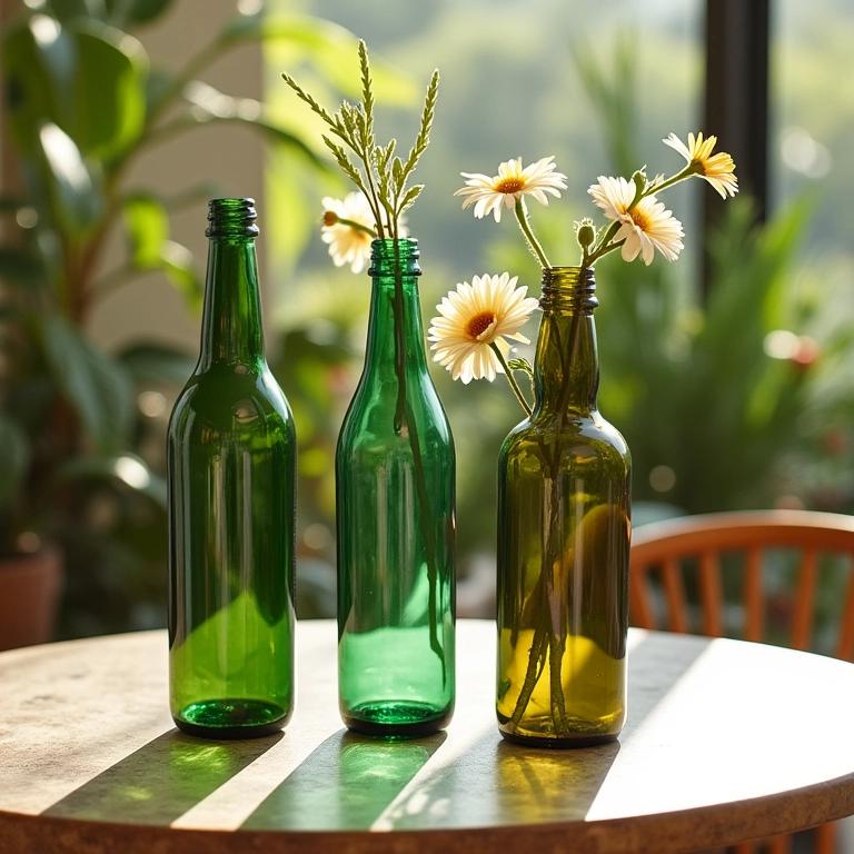 Vasos decorativos feitos de garrafas de vidro recicladas.