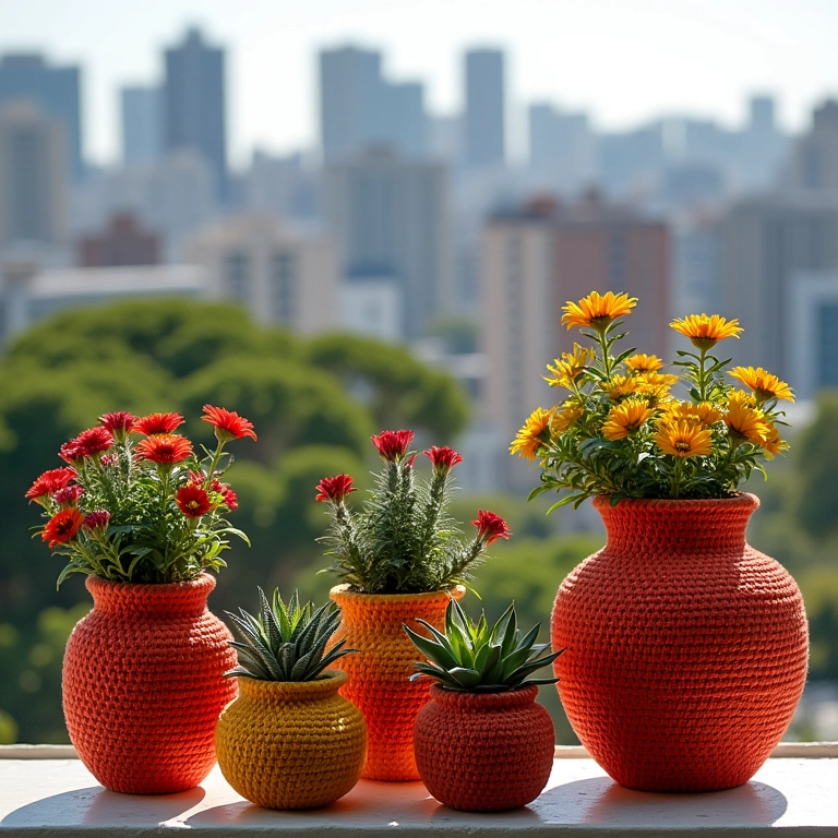Vasos e cachepots de crochê endurecido com plantas coloridas em uma varanda com vista para a cidade.