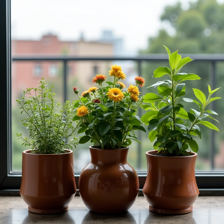 Vasos e cachepots decorados com cápsulas de café em uma varanda charmosa.