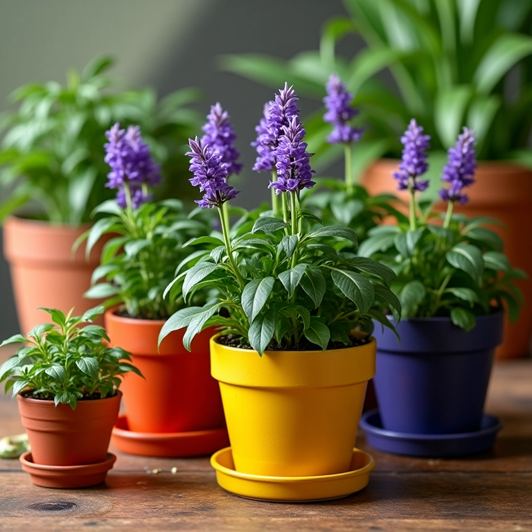 Vasos e jardineiras coloridas com mudas de manjericão roxo.