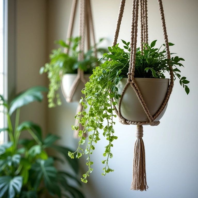 Vasos suspensos com macramê em um apartamento com decoração brasileira.
