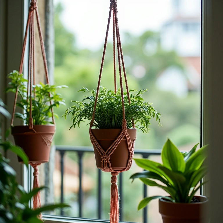 Vasos suspensos com macramê em uma varanda decorada.